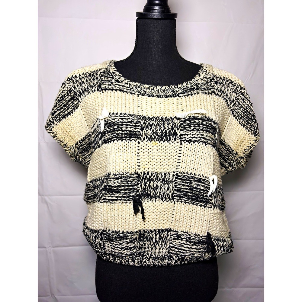 Vintage Memphis Jones Sweater L Black Cream Patchwork Chunky Knit Silk Blend 80s